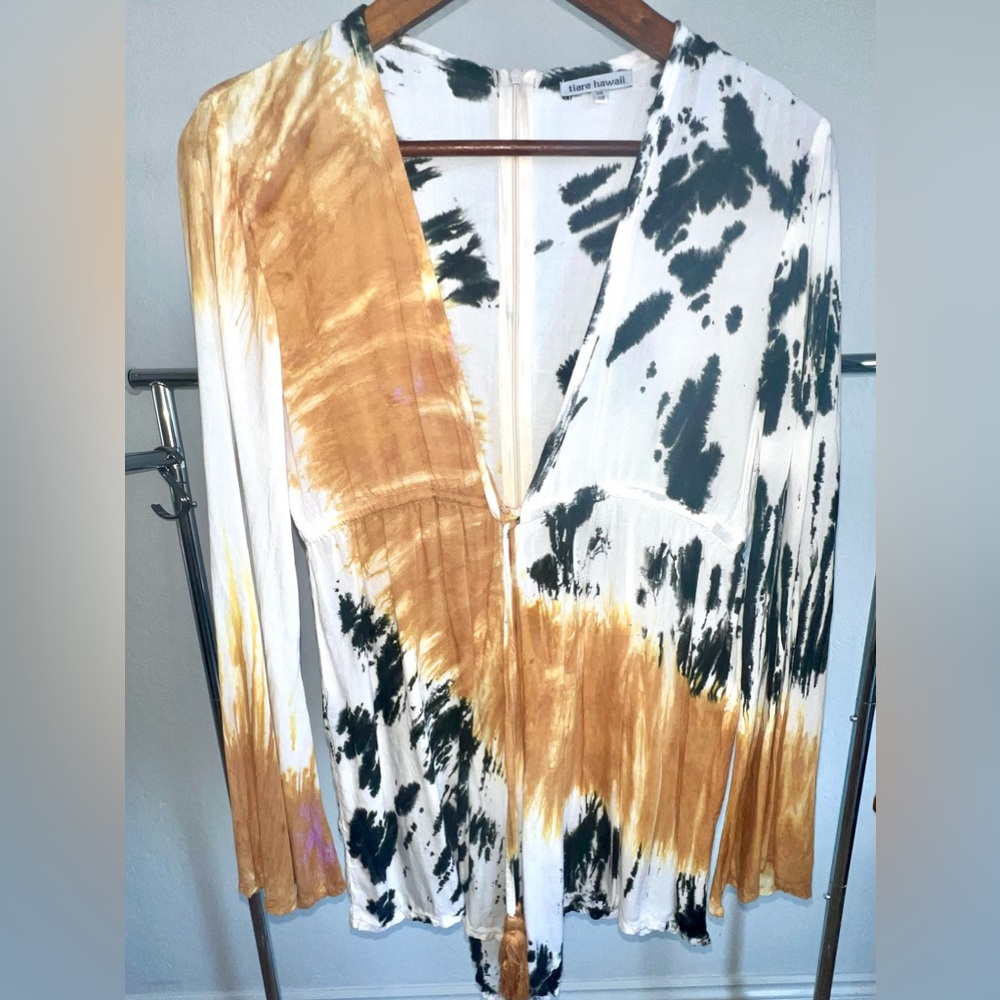 Tiare Hawaii tie dye beach coverup romper with zipper closure and waist tassels